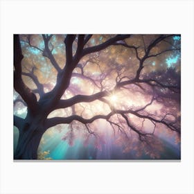 A Large, Gnarled Tree Stands In The Center Of A Misty Forest, Bathed In The Soft Light Of The Rising Sun, Creating A Mystical And Ethereal Scene Canvas Print