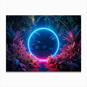 Neon Blue Circle Portal In A Tropical Forest Canvas Print