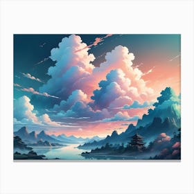 A Serene Landscape At Sunset Features Towering Mountains, Fluffy Clouds, A Peaceful Lake, And A Traditional Japanese Pagoda Canvas Print