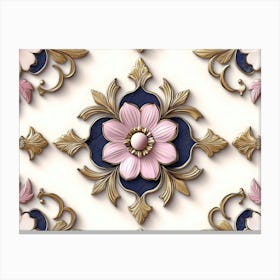 Seamless Sculpture Retro Pattern Curve Cross with Pink Flower, Leaf and Gold Frame Line Canvas Print