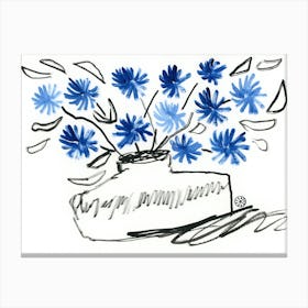 Blue Flowers In A Vase - floral blue black hand painted Canvas Print