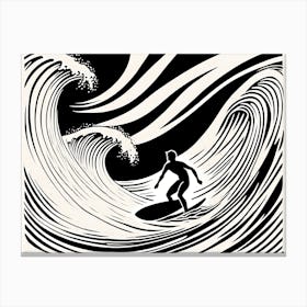 Linocut Black And White Surfer On A Wave art, surfing art, 265 Canvas Print