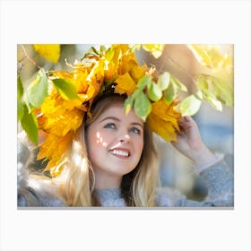 Autumn Girl With Yellow Leaves Canvas Print