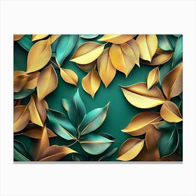 Golden Leaves On A Green Background Canvas Print