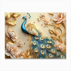 3d Artwork Peacock Illustration Background with Golden Jewelry and Flowers 2 Canvas Print