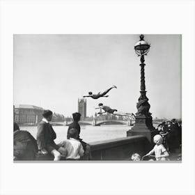 Diving Into Thames River, London, Vintage Black and White Photo Canvas Print