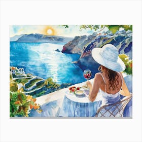 Watercolor Painting Of A Woman In A Large White Summer Hat Next To The Sea V2 Canvas Print