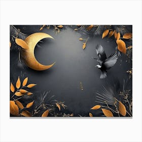 Golden Leaves And Birds On A Black Background Canvas Print