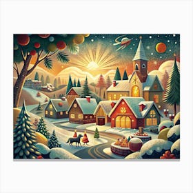 Magical Winter Village At Sunset With A Flying Saucer Canvas Print