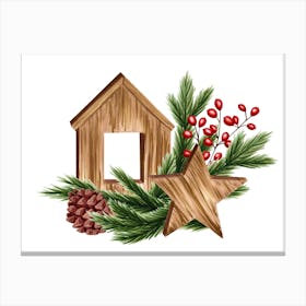 Christmas Composition With Wooden House, Star, Cone, Fir Branches and Red Berries Canvas Print