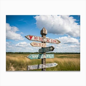 A Weathered Wooden Signpost At A Crossroad Its Arrows Pointing In Various Directions With Hand Pain 2 1 Canvas Print