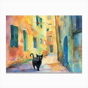 Black Cat In Livorno, Italy, Street Art Watercolour Painting 3 Canvas Print