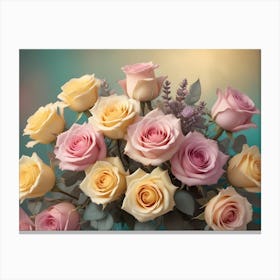 Bouquet Of Delicate Pink And Yellow Roses On A Soft Focus Green Background, Bathed In Warm Light Canvas Print