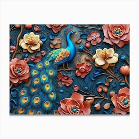 Elegant Leather Base Combines Bright Color Floral With Exotic Oriental Pattern Flowers And Peacocks 1 Canvas Print