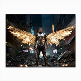 Futuristic Superhero With Human Face And Steel Wings Standing Damaged Amidst A Cityscape Digital P Canvas Print