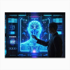 Cyber Interface Showing Neural Connectivity And Artificial Intelligence Fusion Sleek Holographic Pa (7) Canvas Print