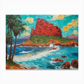 A Painting Of The Ocean With Some Palm Trees On The Beach Canvas Print