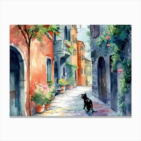 Black Cat In Pisa, Italy, Street Art Watercolour Painting 2 Canvas Print