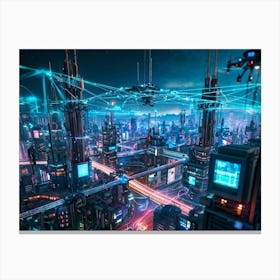 A Digital Painting Of A Globally Networked Cityscape Futuristic Ai Central Node Glowing With Connec (1) 2 Canvas Print