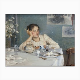 Woman Smoking At Breakfast Table, Moody Vintage Woman Portrait Canvas Print