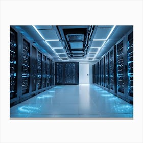 A Server Room With Black Server Racks And A White Floor Canvas Print