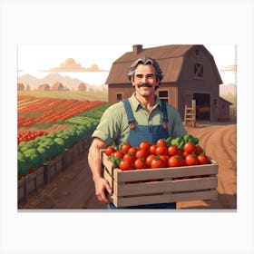 Smiling Farmer Holding A Crate Of Fresh Produce In A Field Canvas Print