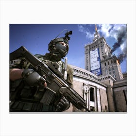 Soldier In Front Of A Building Canvas Print