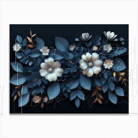 Elegant 3d Floral Art Featuring a Bunch of Leaves and Flowers on a Black Canvas Print