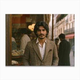 Spanish Man Poses For A Candid Shot Camera Focused On His Expressive Face Shop Window And Retro St Canvas Print