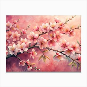 Watercolor Illustration Of A Branch Of Pink Cherry Blossoms Canvas Print