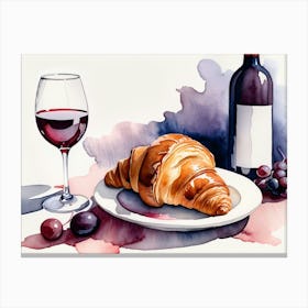 Croissant and Wine watercolor painting 1 Canvas Print