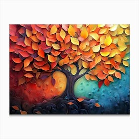 3d Abstraction Tree Of Life Surrounded By Many Colorful Leaves Canvas Print