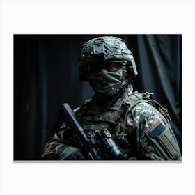 A Fearless Male Soldier Clad In Full Bodied Camouflage Uniform Embodying The Spirit Of Patriotism (7) Canvas Print