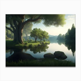 Reflections Of Verdant Trees In Lakeside View Canvas Print