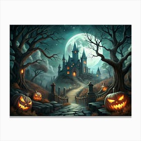 Mysterious Haunted Castle On A Hillside Canvas Print