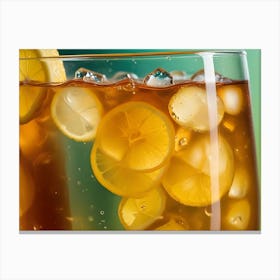 A Close Up Shot Of A Glass Of Iced Tea With Lemon Slices, With A Blurred Background Of Green And Yellow Canvas Print