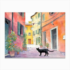 Black Cat In Modena, Italy, Street Art Watercolour Painting 3 Canvas Print