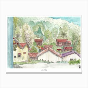 Vietnam Art Print - Wooden Houses in a Forest Watercolor Drawing - Vietnamese Landscape Illustration Canvas Print