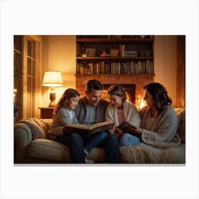 Family Reading In Front Of Fireplace Canvas Print