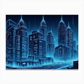 An Illustration Of A Futuristic Cityscape With Tall Buildings Rendered In Blue Lines 1 Canvas Print