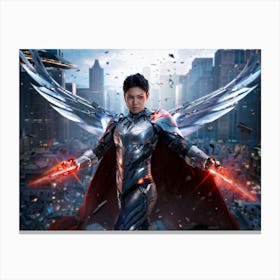 Cyborg Superhero Clad In Armor Steel Wings Unfurled And Scarred From Battles Amidst A Chaotic City Canvas Print