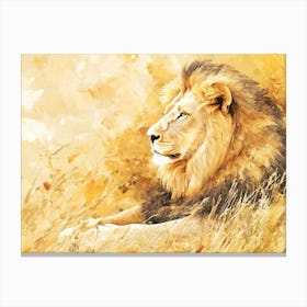 A Regal Lion Resting In A Golden Savannah Canvas Print