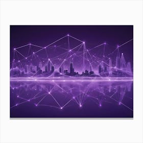 A Digital Rendering Of A Cityscape Surrounded By A Network Of Glowing Lines On A Purple Background 1 Canvas Print