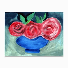 Roses In A Blue Vase - floral red blue gray Canvas Print