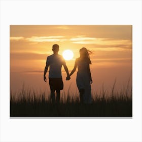 Couple Holding Hands At Sunset Canvas Print