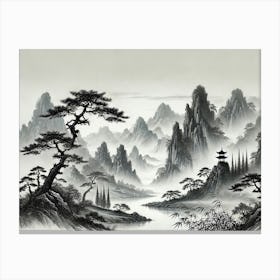 An Asian Mountain Landscape Depicted In The Traditional Chinese Ink Painting Canvas Print