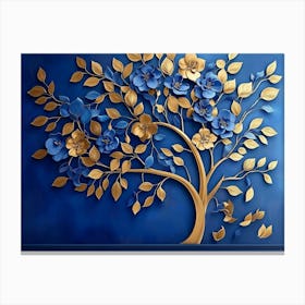 Elegant Gold and Royal Blue Floral Tree with Seamless Leaves and Flowers Hanging Branches 2 Canvas Print