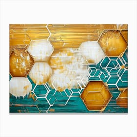 Oil On Canvas Abstract Artwork With Golden Grain Textures, White Lattice, And Turquoise Splashes Painting Canvas Print