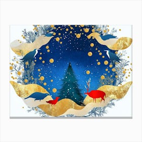 Dark Blue Art from The Contemporary Era Christmas Tree, Mountain, Deer, Birds, And Waves Canvas Print