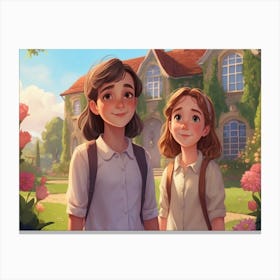 Two Girls In Front Of A House Canvas Print